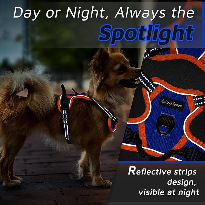 Eagloo Small Dog Harness No Pull, Service Vest with Reflective Strips and Control Handle, Adjustable and Comfortable for Walking, No Choke Pet Harness with 2 Metal Rings, Blue &amp; Orange, XS
