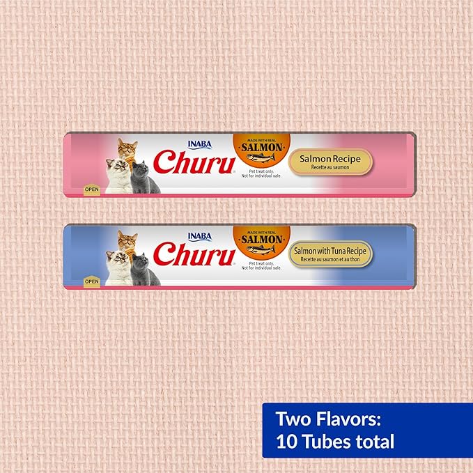 INABA Salmon Churu Cat Treats, Lickable, Squeezable Creamy Purée Cat Treat with Green Tea Extract &amp; Taurine, 0.5 Ounces Each Tube, 10 Tubes, Salmon &amp; Tuna Variety