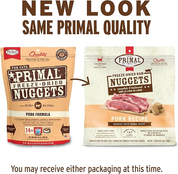 Primal Freeze Dried Raw Cat Food Nuggets Pork, Complete &amp; Balanced Meal or Topper, Premium, Healthy, Grain Free, High Protein Raw Cat Food with Probiotics (14 oz)