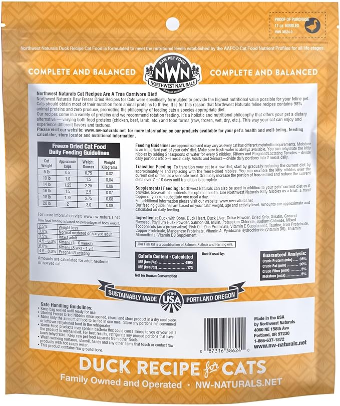 Northwest Naturals Freeze-Dried Duck Cat &amp; Kitten Food – Bite-Sized Nibbles – Healthy, Limited, Human-Grade Ingredients, All-Natural, High-Protein – Complete &amp; Balanced, Grain-Free – 11 oz (Pack of 3)