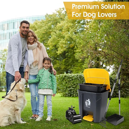 Dog Pooper Scooper, 20L Large Dog Poop Trash Can Outside with Removable Inner Bucket, Poop Trash Can for dog Outdoors with 90 Waste Bags, 37inch Long Handle Stainless Metal Tray &amp; Rake
