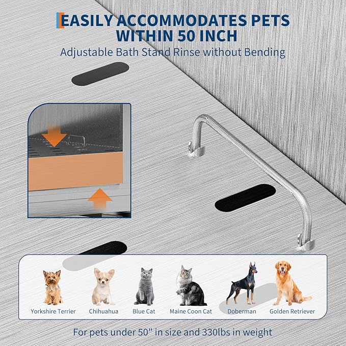 50" Stainless Steel Professional Dog Washing Station - Pet Bathing Tub w/Non-Slip Stairs &amp; Storage Shelf | Slip-Resistant Floor Grate | for Large/Medium/Small Dogs