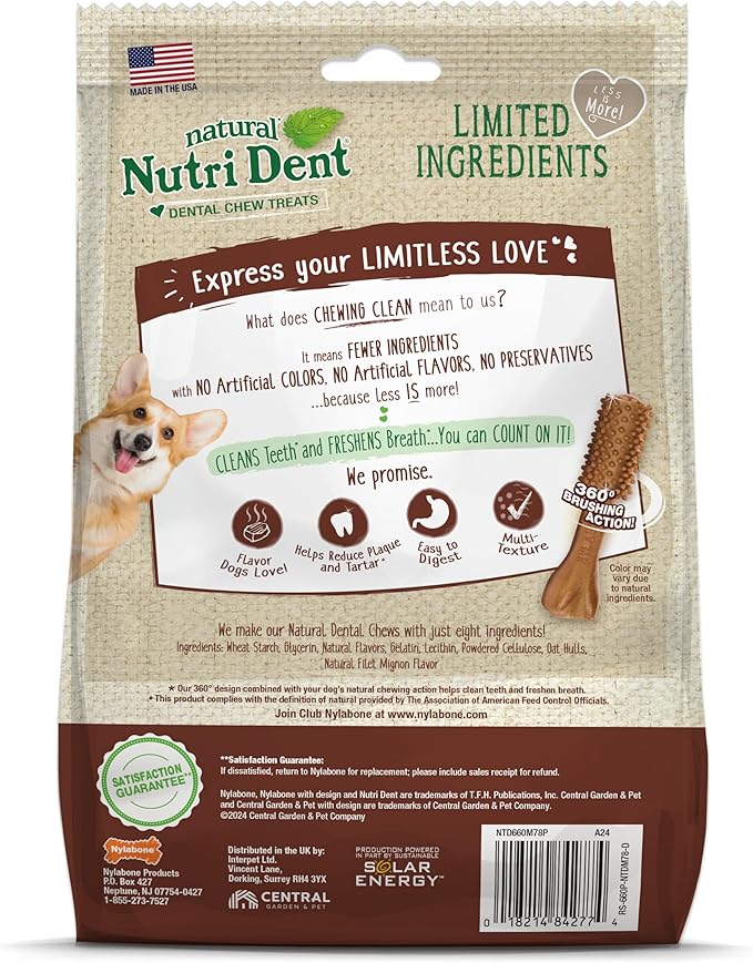 Nylabone Nutri Dent Dog Dental Treats - Natural Dog Teeth Cleaning &amp; Breath Freshener - Dental Treats for Dogs - Filet Mignon Flavor, Mini (78 Count)
