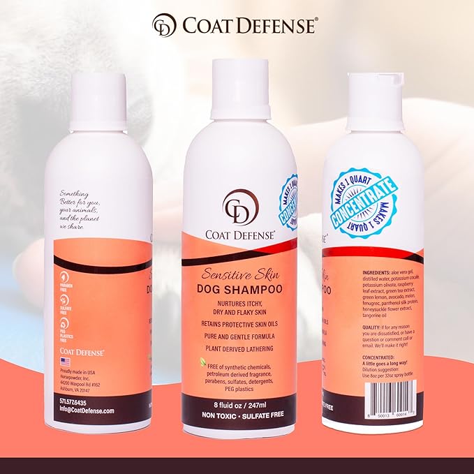 COAT DEFENSE Sensitive Dogs Shampoo | Made in USA | All-Natural Hypoallergenic - Soothes and Relieves Itchy &amp; Dry Skin | 8 Ounces Concentrated Makes 32 Ounces