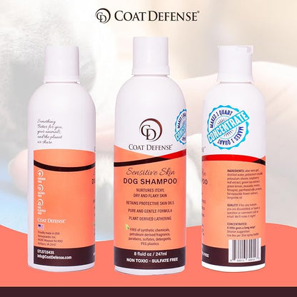 COAT DEFENSE Sensitive Dogs Shampoo | Made in USA | All-Natural Hypoallergenic - Soothes and Relieves Itchy &amp; Dry Skin | 8 Ounces Concentrated Makes 32 Ounces