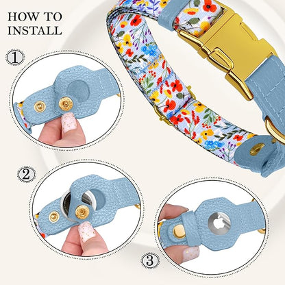 AirTag Dog Collar for Small Medium Large Breed - Adjustable Cute Pattern Dog Collar with Airtag Holder - Soft Leather Tracker GPS Apple Air Tag Pet Collars (Large, 17"-21" Neck Fit, Floral)