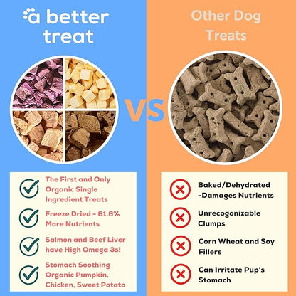 A Better Treat – Organic, Single Ingredient, Freeze Dried Pumpkin, Grass Fed &amp; Finished Beef Liver, Chicken, Sweet Potato, Wild Salmon Dog Treats &amp; Cat Treats | Natural Diabetic Friendly | Made in USA