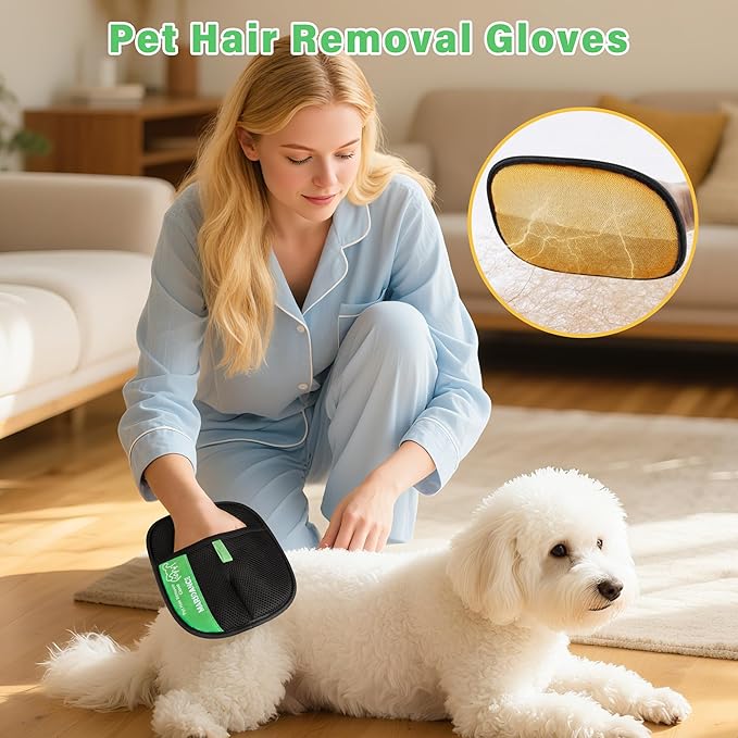 Pet-Hair-Removal-Glove 2Pcs, Double-Sided-Pet-Grooming-Glove Reusable Cat &amp; Dog Hair Remover Mitt for Couch,Furniture,Carpet, Car Seat Electrostatic-Pet-Hair-Remover Efficient Pet-Hair-Cleaning-Glove