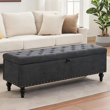 Mangodan51” Linen End of Bed Storage Bench, Tufetd Upholstered Storage Ottoman Bench with Safety Hinge, 330 lb Large Ottoman with Storages for Living Room, Entryway &amp; Bedroom, Window Benches, Grey