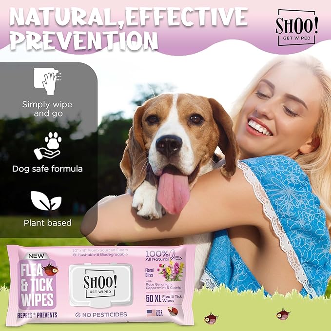 Shoo! Flea &amp; Tick Wipes for Dogs | Convenient, Easy On-The-Go Protection | Plant Based, Natural Oils, Chemical Free | Repels &amp; Prevents | 50 XL Wipes | (Floral Bliss)