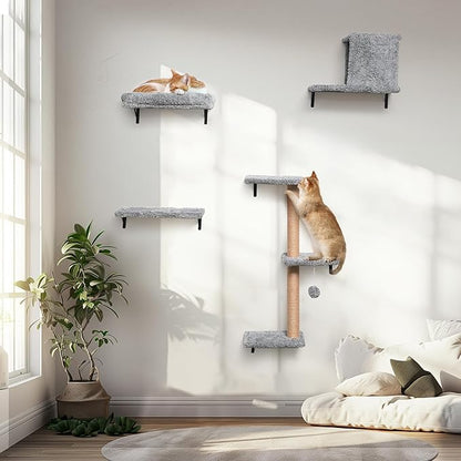 FUKUMARU Cat Wall Shelves, Stable &amp; Safe 4 in 1 Cat Furniture Set, Wooden Climbing Wall with Scratching Post for 16 Inch Drywall - Light Gray