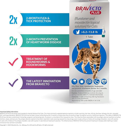 BRAVECTO Plus Topical Solution for Cats, Flea, Tick &amp; Heartworm, 2 Months Supply, 2.6-6.2 lbs., Green Box