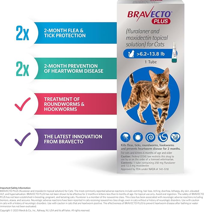 BRAVECTO PLUS Topical Solution for Cats, Flea, Tick &amp; Heartworm, 2 Months Supply, 6.2-13.8 lbs., Blue Box