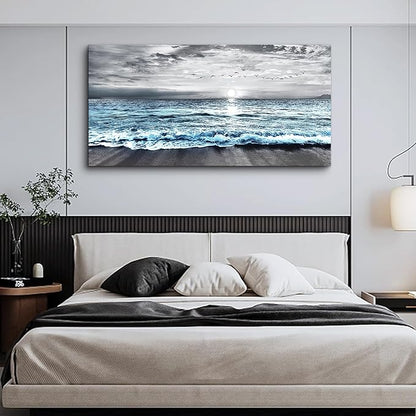 Lapremoly Black And White Beach Wall Painting Canvas Wall Art For Living Room Large Wall Decor For Bedroom Office Wall Decorations Blue Ocean Sea Wave landscape Pictures Artwork Posters Home Decor