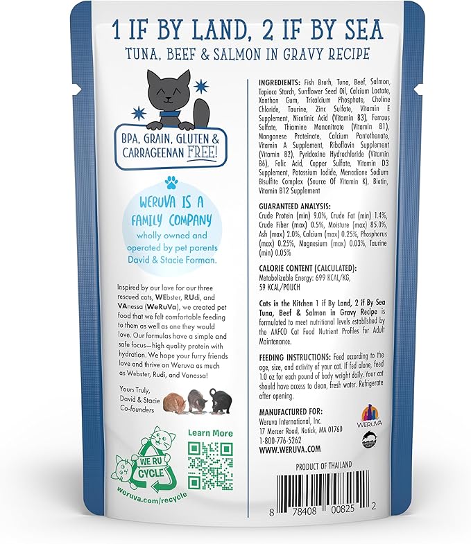 Weruva Cats in The Kitchen, 1 if by Land, 2 if by Sea with Tuna, Beef &amp; Salmon in Gravy Cat Food, 3oz Pouch (Pack of 12)
