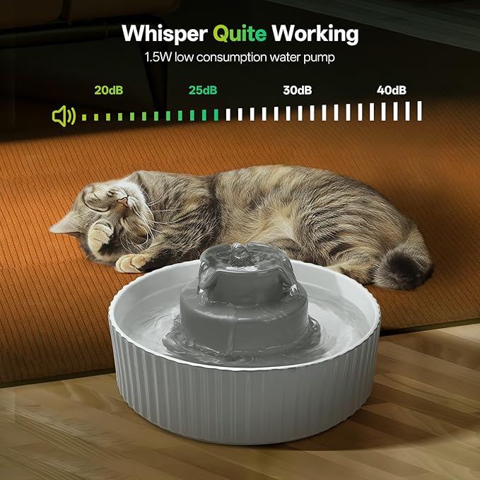 Ceramic Cat Water Fountain, 2.1L/70oz Porcelain Pet Drinking Dispenser with 4 Set Replacement Filter &amp; Sponge, Automatic Dog Water Bowl with Ultra-Quiet Pump, Cat Feeding Watering Supplies(Grey)