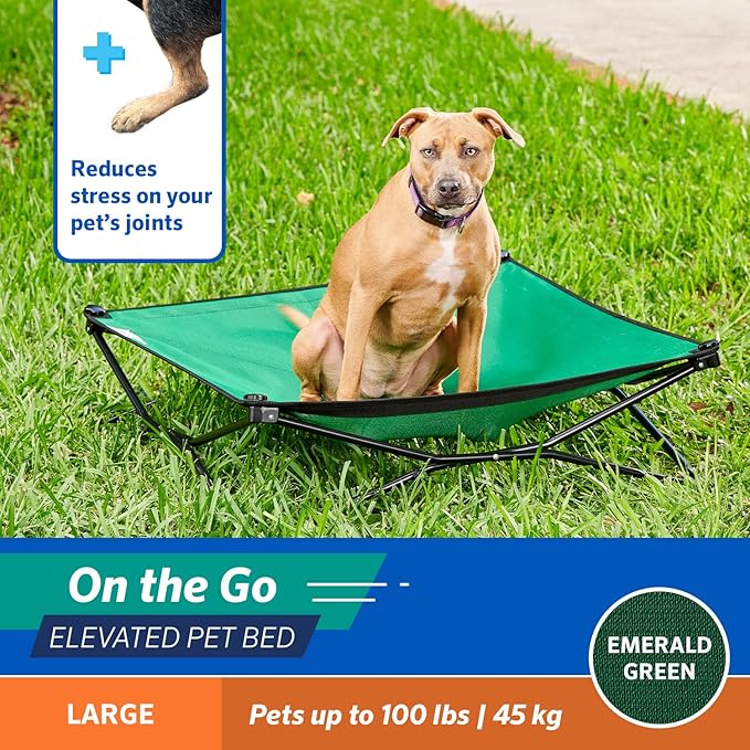 Coolaroo On-The-Go Elevated Dog Bed - Foldable Pop-Up Travel Dog Bed with Breathable, Moisture-Resistant Fabric, Carry Bag Included, Lightweight &amp; Portable, Emerald Green, Large