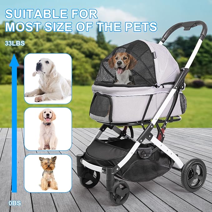 Pet Stroller for Medium Small Dog &amp; Cat, Foldable Lightweight Dog Stroller with Storage Basket Pet Travel Carriage with Safety Leashes, 4 Wheel, Gray