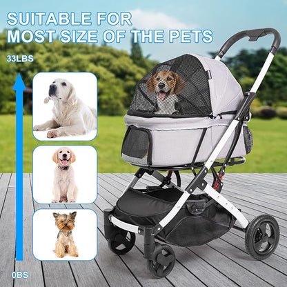 Pet Stroller for Medium Small Dog &amp; Cat, Foldable Lightweight Dog Stroller with Storage Basket Pet Travel Carriage with Safety Leashes, 4 Wheel, Gray