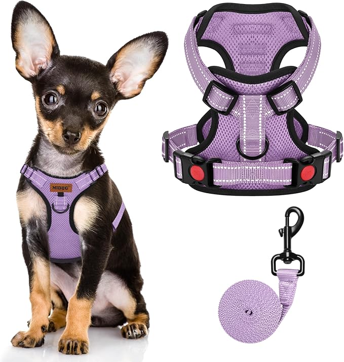 MIDOG No-Pull Dog Harness | Adjustable &amp; Reflective Pet Harness Leash Set for Small Medium Large Dogs Walking, Training| No Choke, Front Clip, Soft Padded Vest with Easy Control Handle - Purple, XS