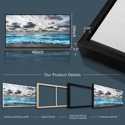 Wapluam Black Framed Canvas Wall Art For Living Room Large Wall Decoration For Bedroom Office Wall Decor Black And White Wall Painting Blue Sea Wave Pictures Artwork Modern Hotel Room Home Wall Art