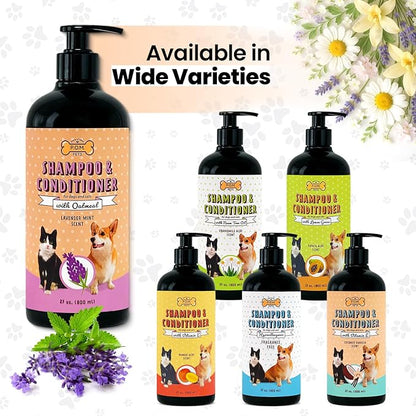 POM Pets 2-in-1 Organic Dog Shampoo &amp; Conditioner – Itchy Skin Relief, Dog Deshedding, Detangles Fur, Cat Shampoo, Paw Cleaner for Dogs, Natural Coat Defense Formula