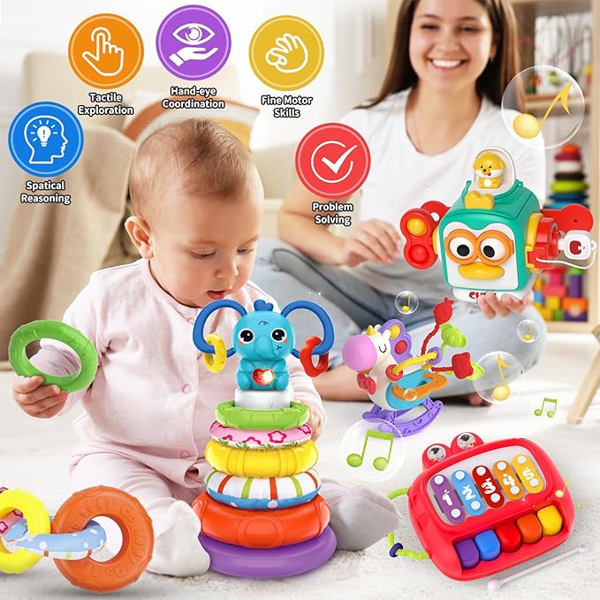 4 in 1 Baby Toy for 6 9 12 18 Month, Learning Toys for Babies 6-12 Months, Baby Busy Cube, Stacking Sorter, Pull String &amp; Piano Xylophone Travel Toy, Birthday Gift for 1 2 Year Old