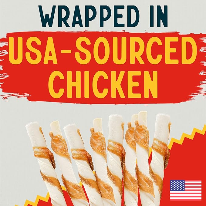 Canine Chews Chicken-Wrapped Rawhide Twists for Dogs - Pack of 100 U.S.A. Sourced Chicken Wrapped Rawhide Dog Treats, Sticks for Dogs - Premium &amp; Natural Beefhide Chews