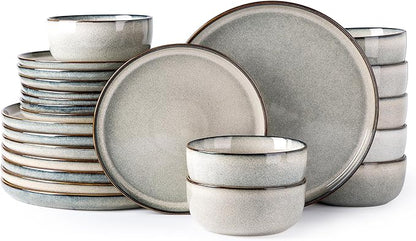GBHOME Ceramic Dinnerware Sets for 8, 24 Pieces Stoneware Plates and Bowls Sets, Scratch Resistant Dishes, Dishwasher &amp; Microwave Safe, Reactive Glaze-Green Wheat