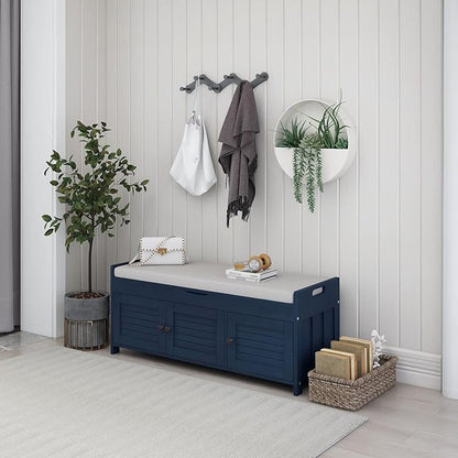 Storage Bench with 3 Shutter-Shaped Doors, Pine Wood Shoe Bench with Removable Cushion and Hidden Storage Space for Entryway Living Room 43.5" L * 16" W * 18" H, Antique Navy