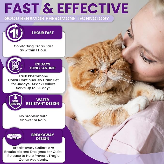 Calming Collar for Cats: Pheromone-Infused Behavior Support, Long-Lasting 30-Day Effect, Adjustable &amp; Waterproof, 4-Pack (Purple)