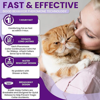 Calming Collar for Cats: Pheromone-Infused Behavior Support, Long-Lasting 30-Day Effect, Adjustable &amp; Waterproof, 4-Pack (Purple)