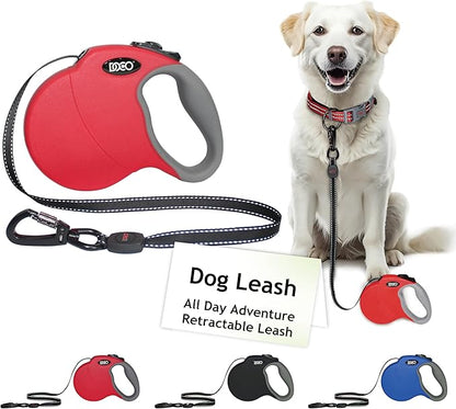DOCO Retractable Dog Leash for Large Dogs (Length - 16’, Weight - Upto 45lb) Reflective Tape Lead with Stop and Lock Control, Tangle Free 360° Swivel Snap &amp; Anti-Slip Grip (Red, Medium)