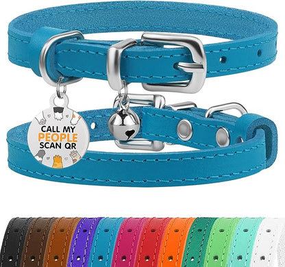 BRONZEDOG Leather Cat Collar with Removable Bells Non Breakaway Kitten QR Tag for Girl Boy (9" - 12" Cats/Mini Dogs, Blue &amp; Silver)