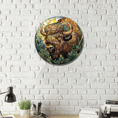 Lygond Aluminum Circular Metal Sign American Bison 12x12 Inches Rustic Modern Style for Office, Garage, Lawn, Parking, Bedroom, Entrance