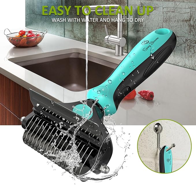 Spring Blossoms-2 in 1 Professional Grooming Rake for Cats &amp; Dogs-Dematting Comb for Easy Mats &amp; Tangles Removing,Pet Brush Safe No More Nasty Shedding and Flying Hair (Cyan)
