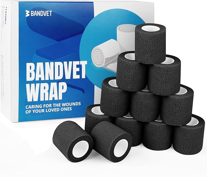 Self Adhesive Bandage Wrap - Pack of 12 Black Color, Non-Woven, Breathable &amp; Water-Resistant Vet Wrap for First Aid, Sports Injury, Body Sprains, &amp; Pets - 2 Inch x 5 Yards