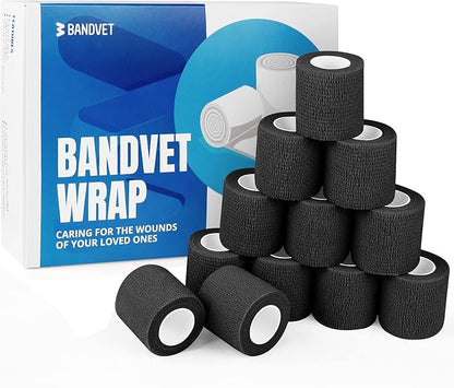 Self Adhesive Bandage Wrap - Pack of 12 Black Color, Non-Woven, Breathable &amp; Water-Resistant Vet Wrap for First Aid, Sports Injury, Body Sprains, &amp; Pets - 2 Inch x 5 Yards