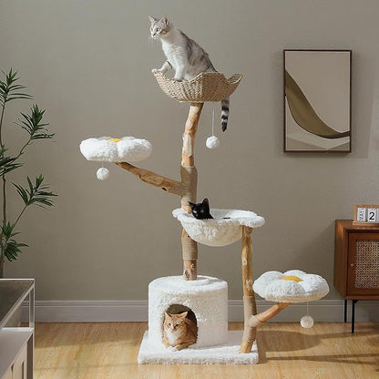 PAWZ Road Cat Tree for Indoor Cats Large Adults, 59 Inches Modern Cat Tower with Large Basket and Hammock, Natural Solid Wood, Luxury Condo &amp; Dual Perches, Modern Cat Furniture for Big Cats, White