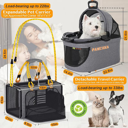 PAWZIDEA Double Pet Stroller with 2 Detachable Carriers, Portable Dog Crate for Car Travel &amp; TSA-Approved Expandable Cat Carrier, Foldable Lightweight Jogger Stroller for 2–4 Cats or Small/Medium Dogs