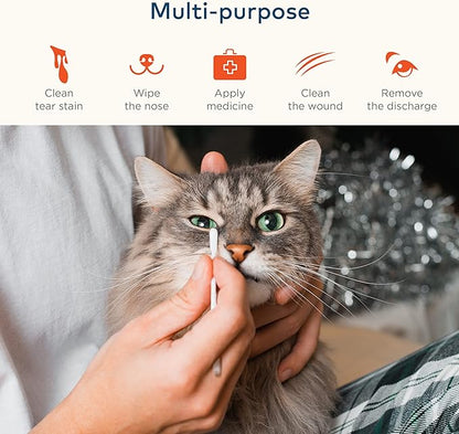 Cotton Swabs for Dogs and Cats - Cat &amp; Dog Ear Cleaner Long Cotton Swab - Extra Long Stick, Cat &amp; Dog Ear Cleaning Kit for Puppies and Pets, Multipurpose Pet Cotton Swabs for Ears (100 Buds)