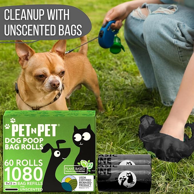 Pet N Pet 1080 Counts Black Poop Bags for Dogs, 41% Plant Based &amp; 59% PE Extra Thick Dog Poop Bags Rolls, 9" x 13", Unscented Pet Waste Bag