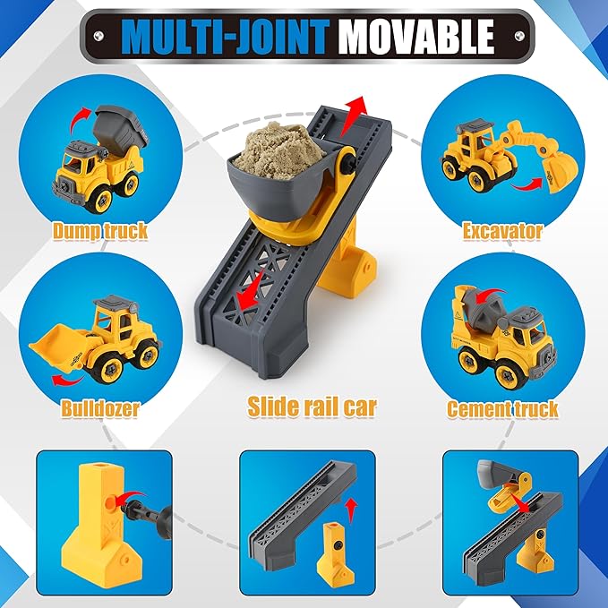 Construction Sandbox with Lid - 4 Vehicles with 1 Conveyor, 8 Castle Molds, 6 Figures &amp; 3lbs Moldable Sand - Preschool Sensory Bin for Fine Motor Skills, Ages 3-6