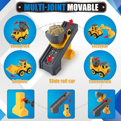 Construction Sandbox with Lid - 4 Vehicles with 1 Conveyor, 8 Castle Molds, 6 Figures &amp; 3lbs Moldable Sand - Preschool Sensory Bin for Fine Motor Skills, Ages 3-6