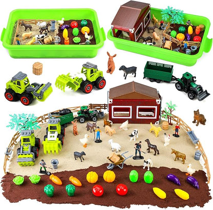 69 PCS Farm Sensory Bin Toys Playset, Sandboxes with Sand, Farmer Tractor &amp; Farm Animals Figures Toys for Kids 3 4 5, Gifts for 6 7 Years Old Boys Girls Toddlers