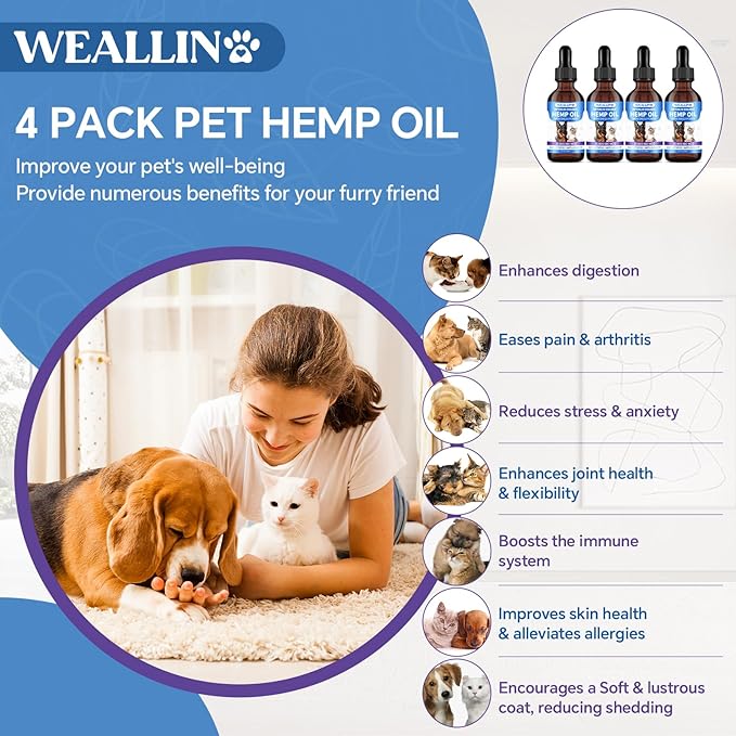 Hemp Oil for Dogs and Cats - Omega-3, 6, 9 Rich Organic Extract - Eases Pet Anxiety, Pain, Skin &amp; Coat Health - Stress Relief, Hip &amp; Joint Support - Calming Treats (4 Pack)