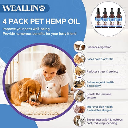 Hemp Oil for Dogs and Cats - Omega-3, 6, 9 Rich Organic Extract - Eases Pet Anxiety, Pain, Skin &amp; Coat Health - Stress Relief, Hip &amp; Joint Support - Calming Treats (4 Pack)