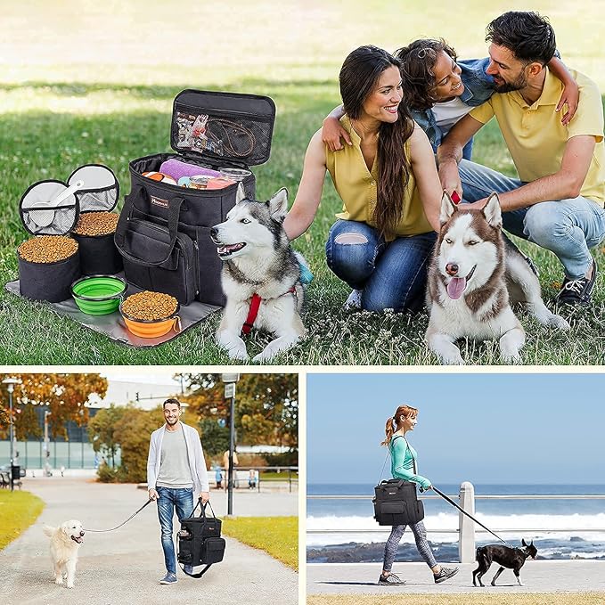 Modoker Dog Travel Bag with 2 Collapsible Dog Bowls, 1 Dog Backpack, Airline Approved Pet Travel BagOrganizer for Supplies &amp; Accessories, 2 Travel Dog Food Container, Black