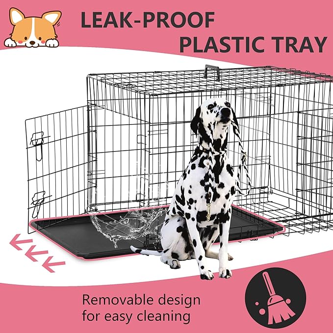 FDW Extra Large Dog Crate Dog Kennel Cage with Double Door,48 inch Folding Metal Wire Dog Cage with Removable Tray&amp;Divider Panel,Pet Crate for Large Dogs,Black
