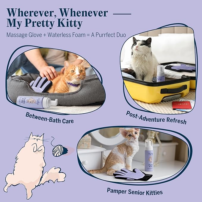 Pretty Kitty Waterless Cat Dry Shampoo with Grooming Glove– No Rinse, Lick-Safe, Moisturizing for Dry Skin, Dandruff, Deshedding, Wash Soap Spray Foam for Kittens, Bathing &amp; Cleaning Supplies
